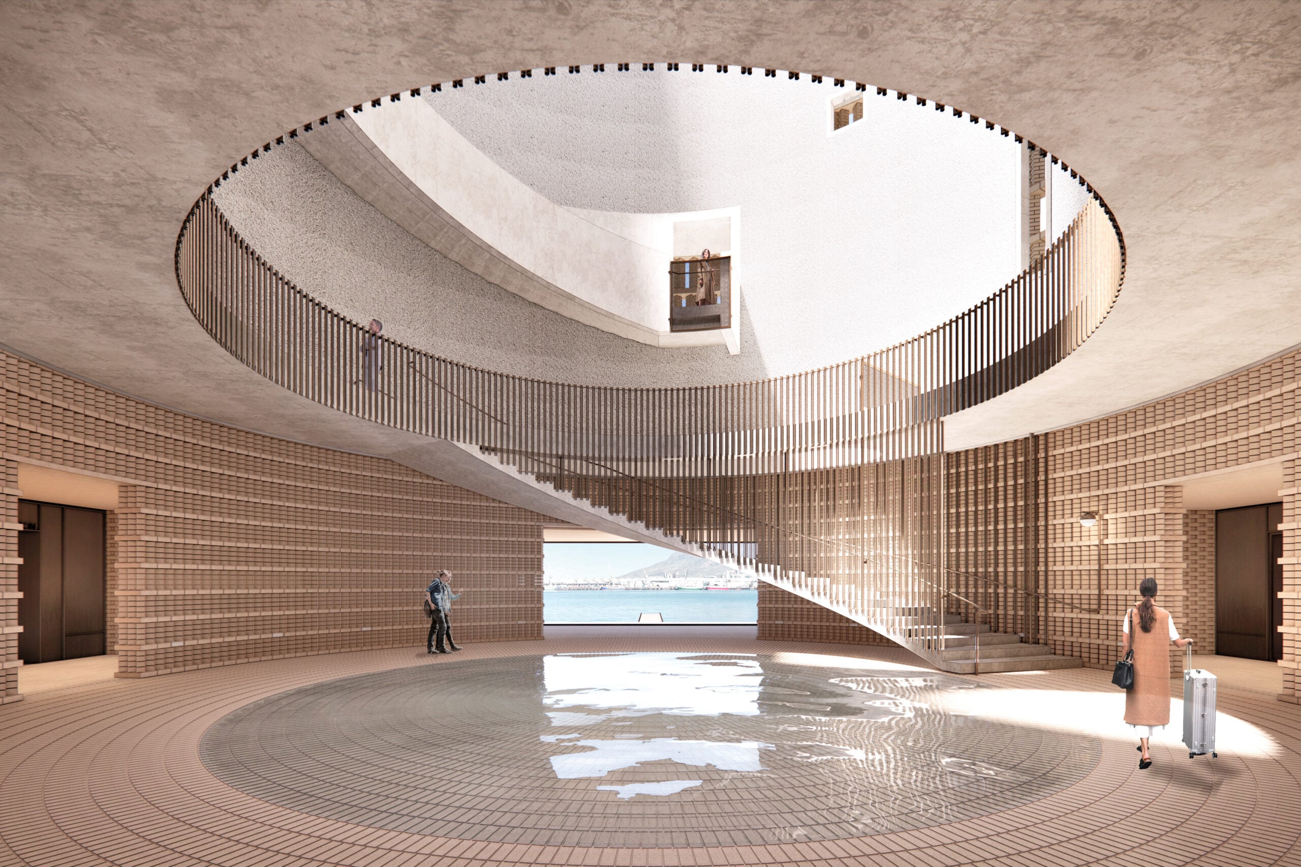 A circular atrium by Neri&Hu with a spiral staircase, brick walls, a shallow reflecting pool, and two people, one with a suitcase, under natural light from an overhead opening.