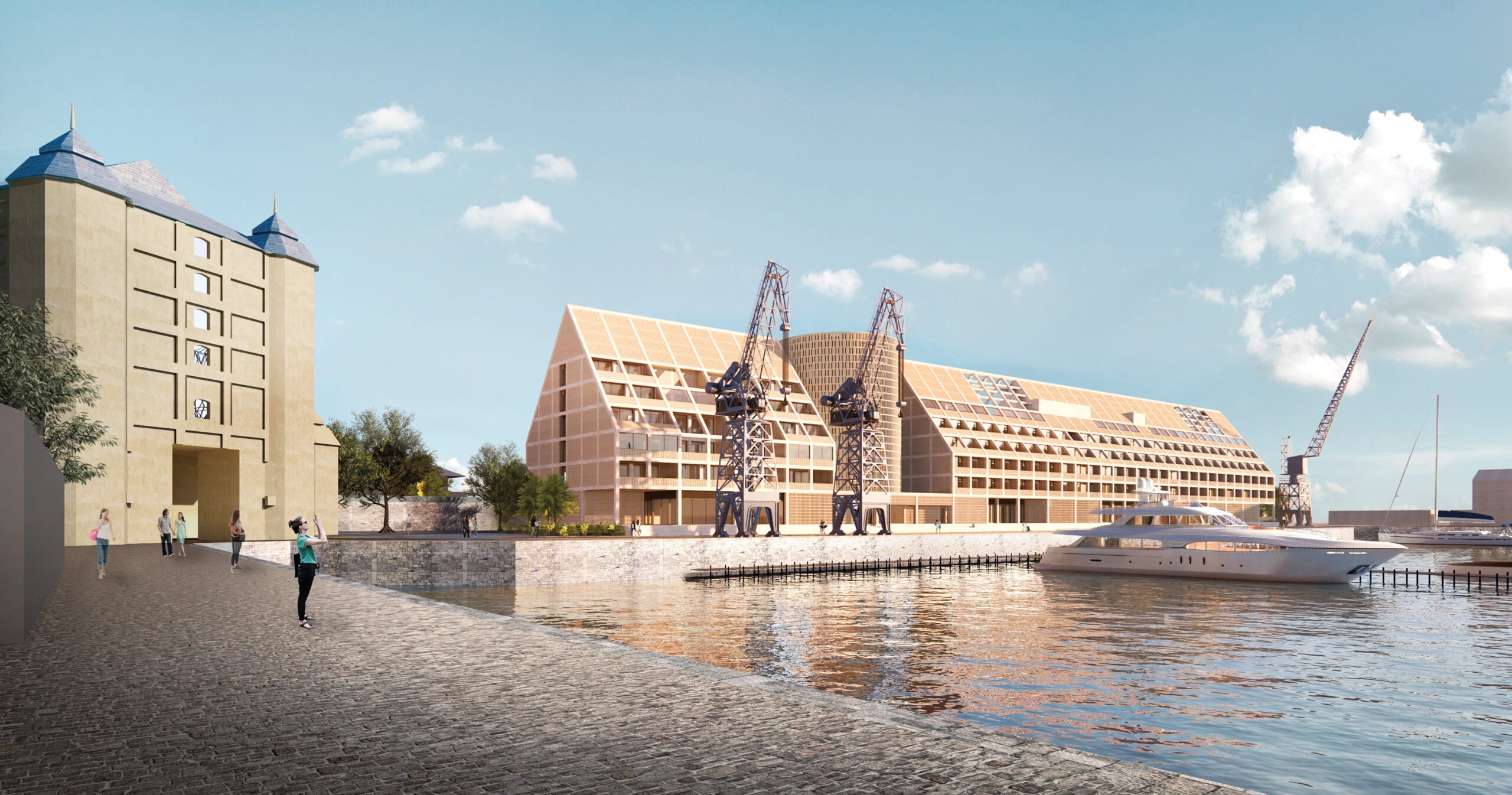 A modern waterfront building with a geometric roof stands beside industrial cranes, a large yacht, and a walkway with people under a blue sky. Rendering by Neri&Hu.