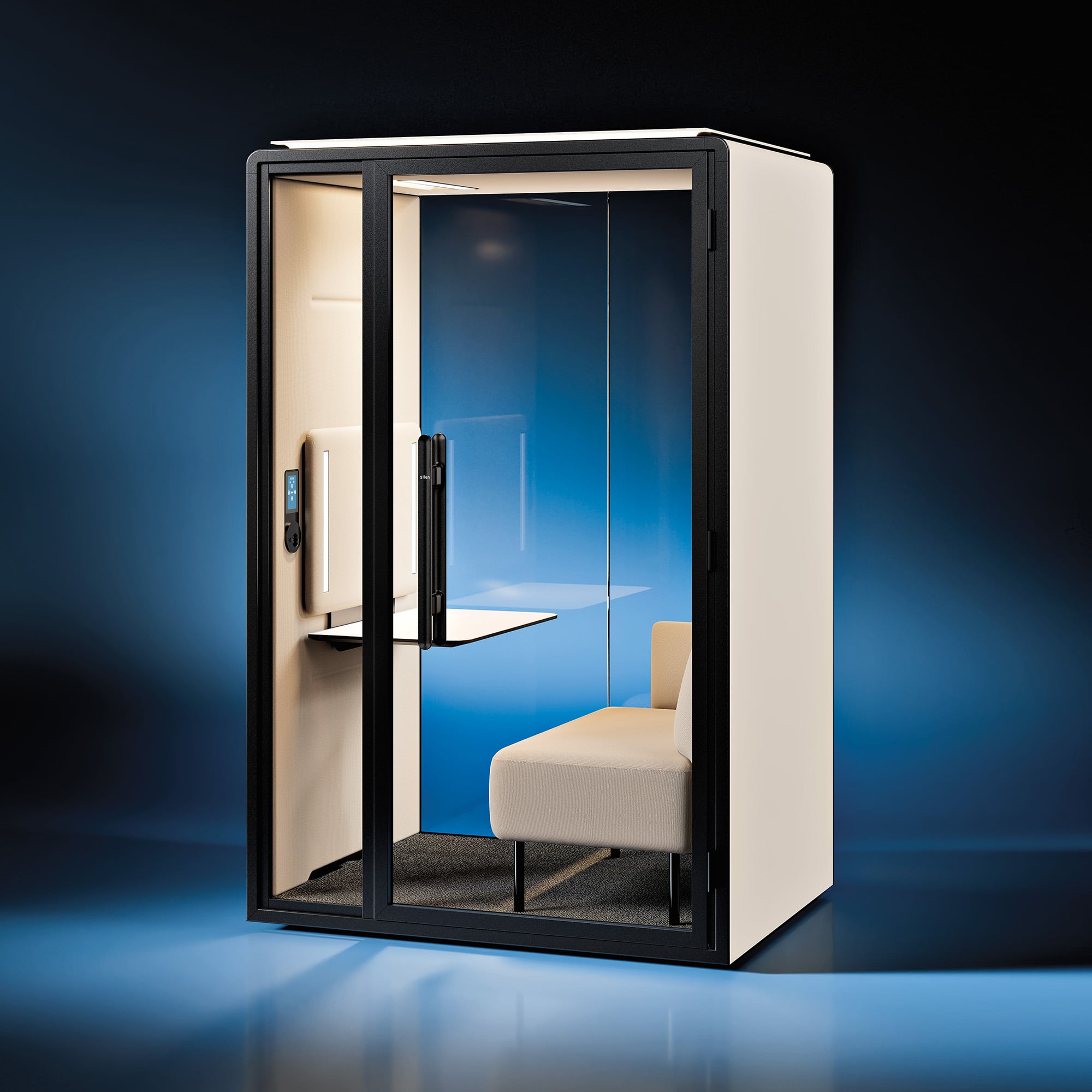 Office products: A soundproof office pod with glass walls, a desk, a chair, and a control panel, designed for private work or calls, set against a blue gradient background.