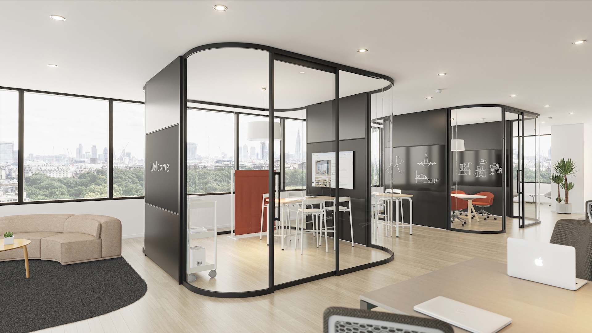Modern office space with glass-walled meeting rooms, sleek furniture, open seating areas, large windows, and city views in the background.
