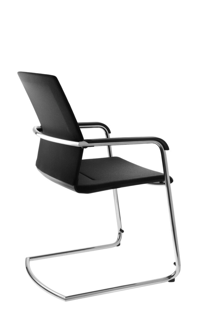 A modern black cantilever chair with a mesh backrest and seat, featuring sleek chrome metal armrests and a tubular frame, set against a white background.