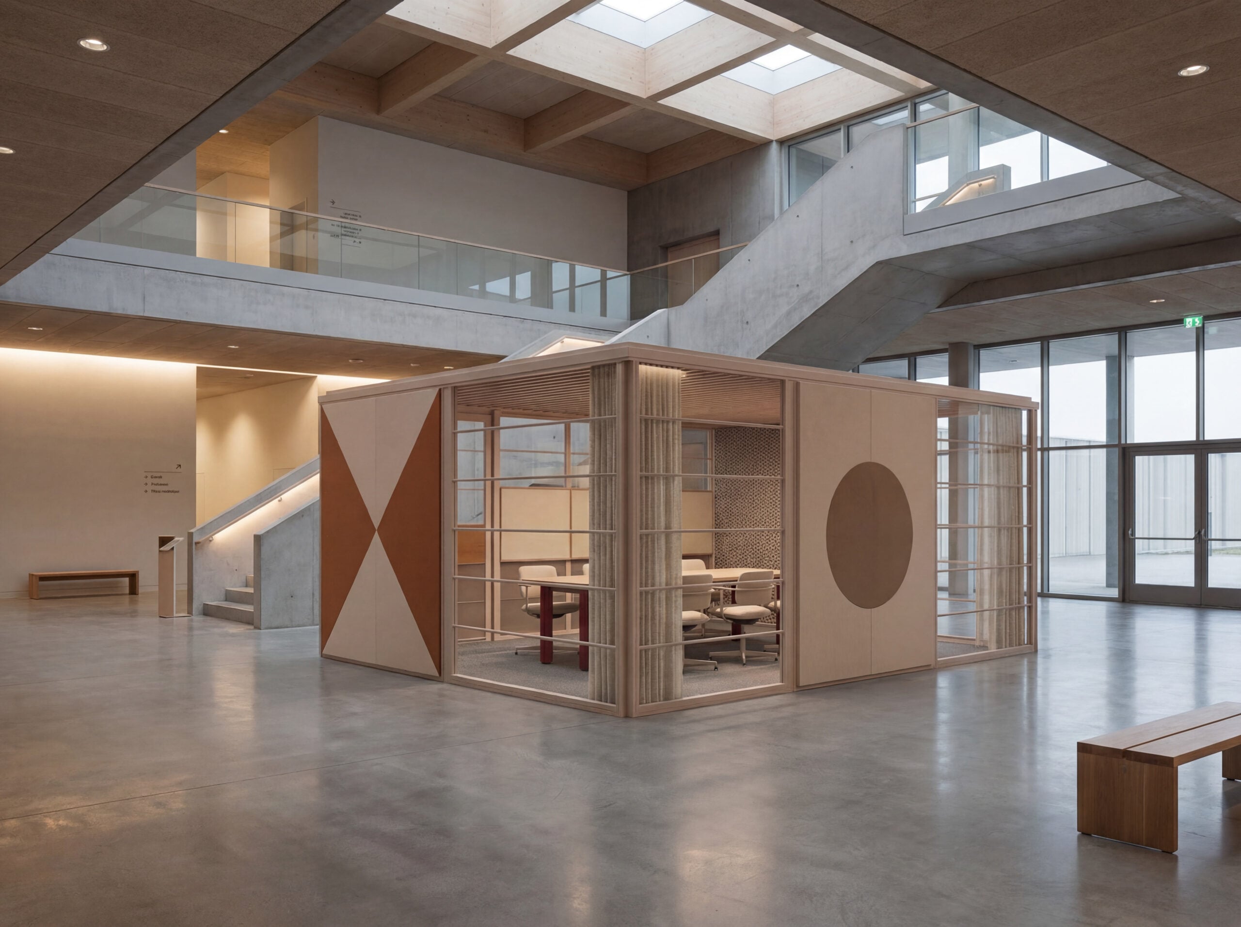 A modern open interior with concrete floors, a central glass and wood meeting cube, a staircase, skylights, minimalist furnishings, and sleek office products for an elevated workspace.