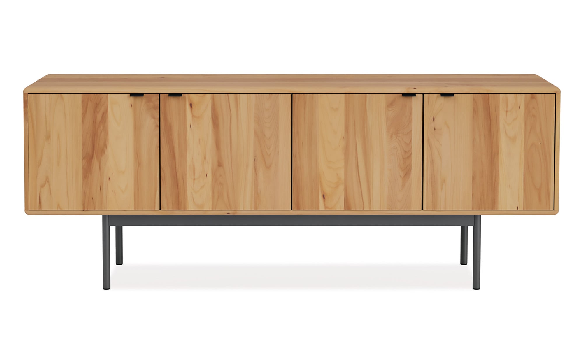 A wooden sideboard with four doors and black metal legs, featuring a natural finish and minimalist design.