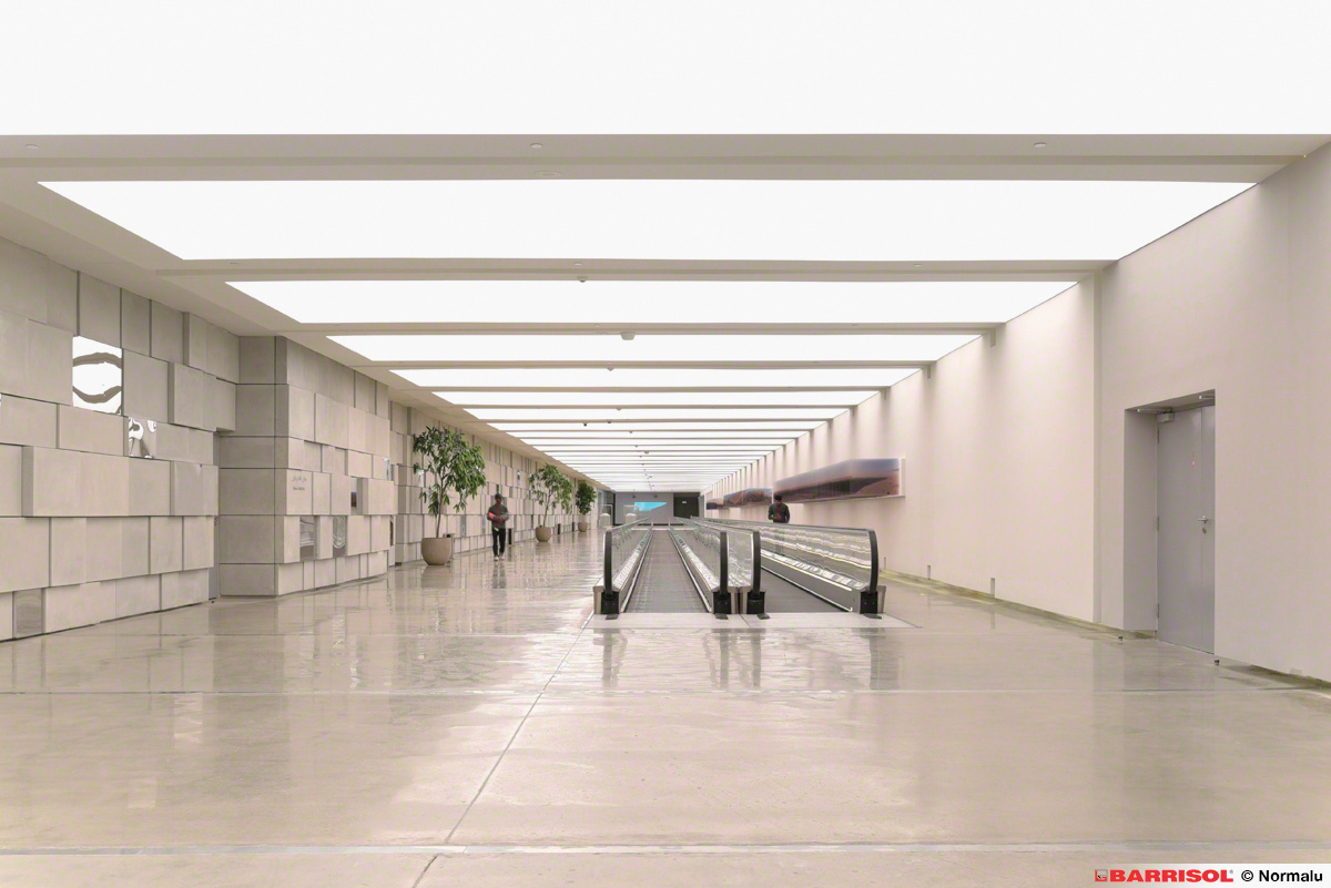 Spacious, empty corridor with a moving walkway, glossy floor, white walls, geometric wall panels on the left, and a few plants along the side.