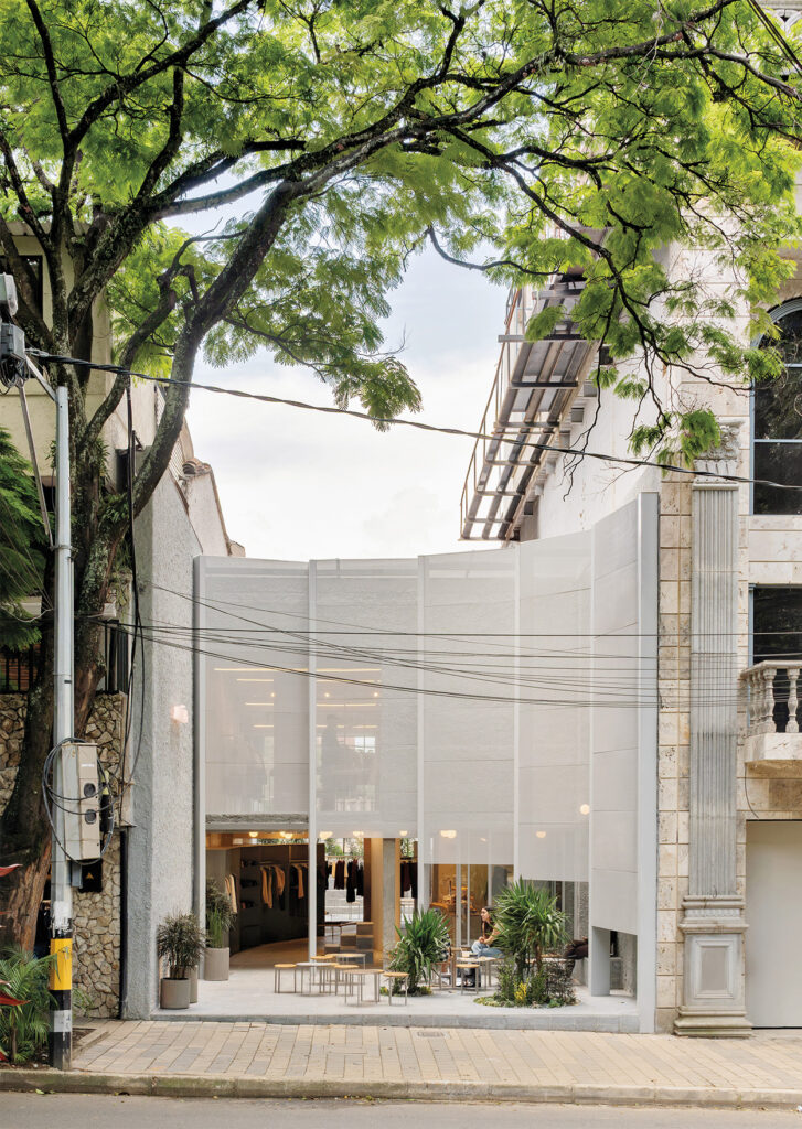 Modern two-story building with a white exterior façade, large windows, and outdoor seating surrounded by greenery—Latin Matter style—nestled beneath leafy trees along an urban street.