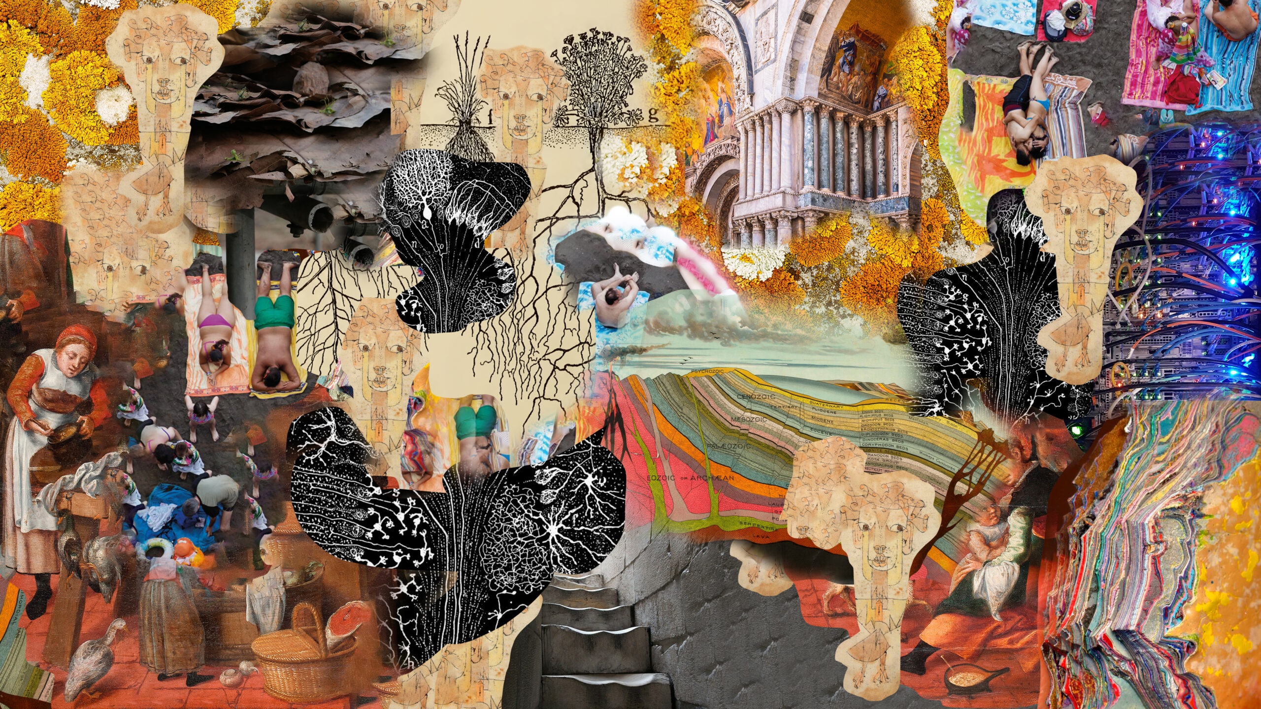 A collage inspired by 3daysofdesign, combining classical paintings, abstract black and white botanical drawings, colorful rock layers, orange flowers, architectural elements, and neon-lit wires.