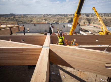 Construction worker in a safety vest operates a crane to position large wooden beams and other materials at a building site in a desert landscape under a partly cloudy sky.
