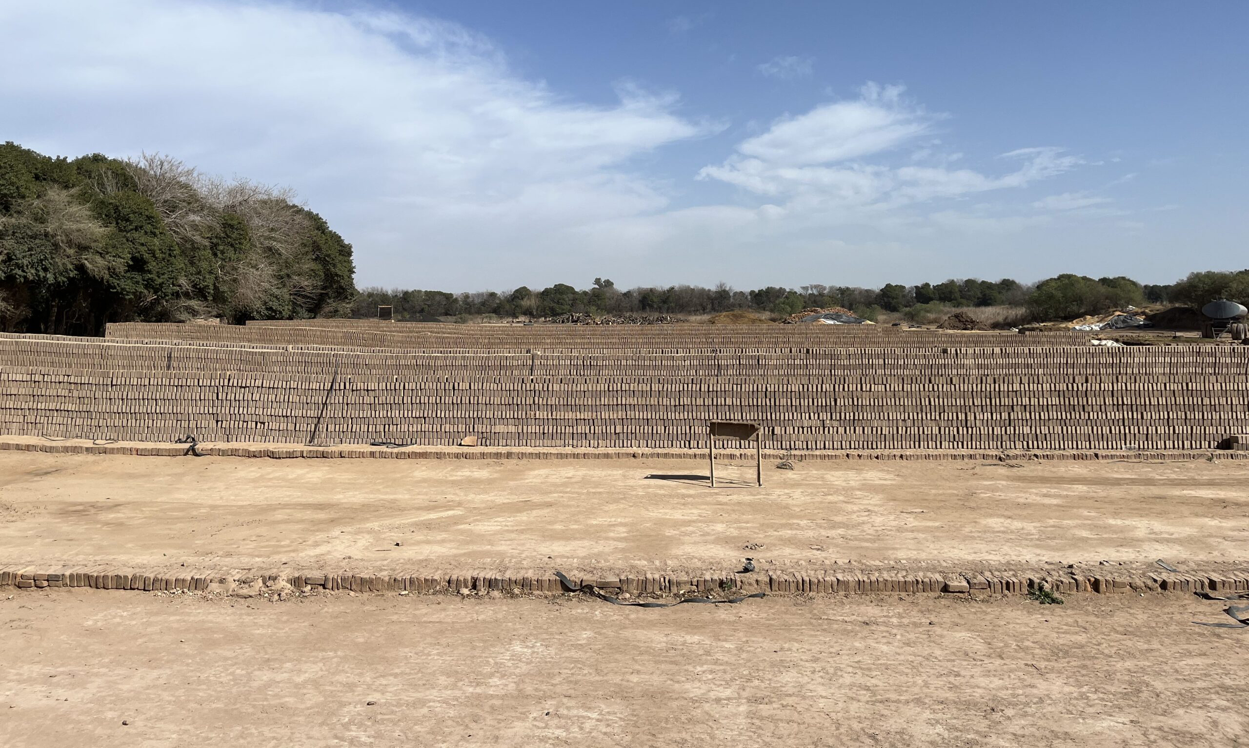 Rows of clay bricks are laid out to dry in the sun on a flat, open field—an authentic scene that reflects the essence of Latin Matter—with trees in the background under a partly cloudy sky.