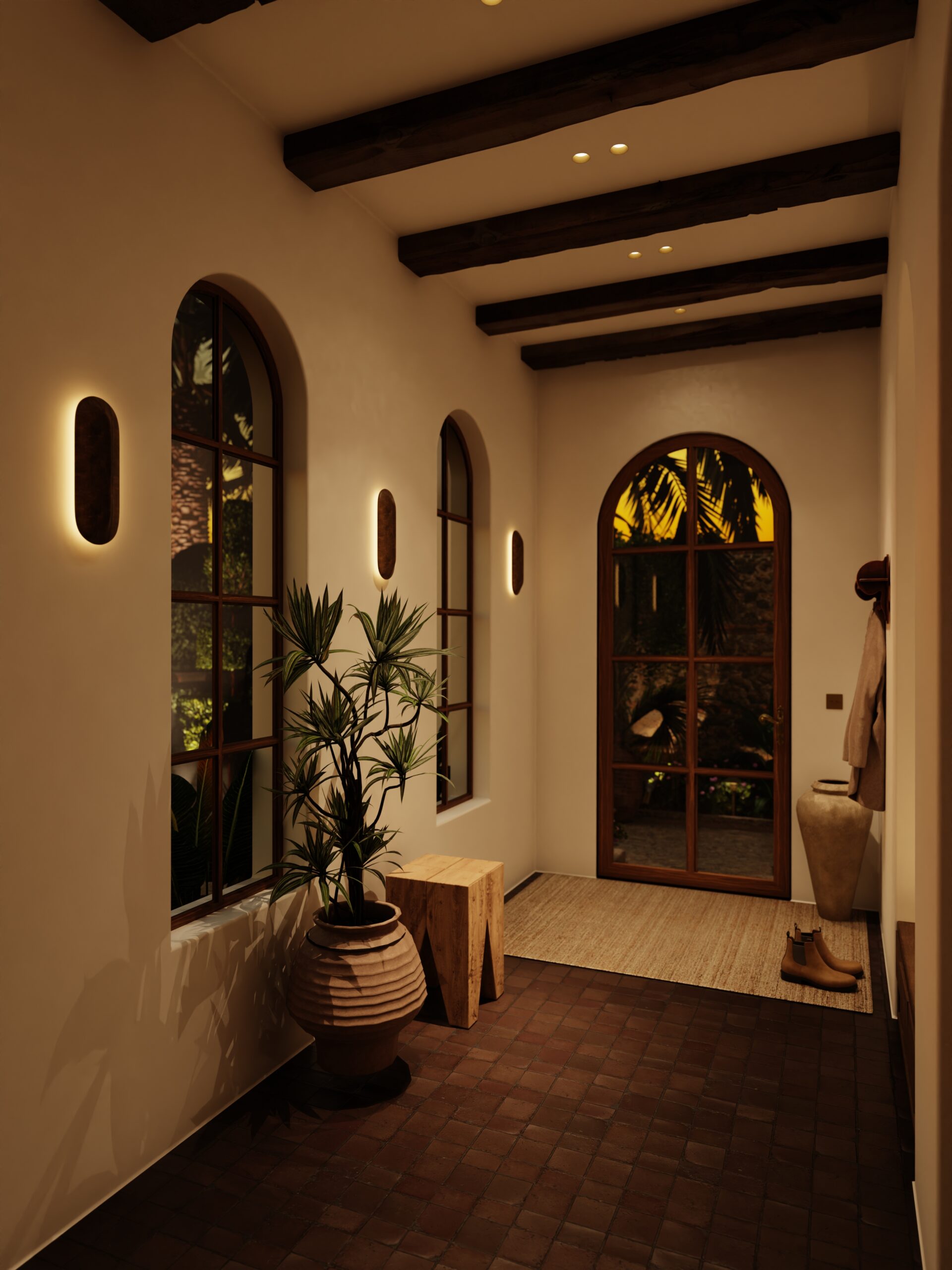 A hallway with arched windows and door, wooden beams on the ceiling, potted plant, bench, and soft wall lighting. Warm tones and natural decor create a cozy atmosphere.
