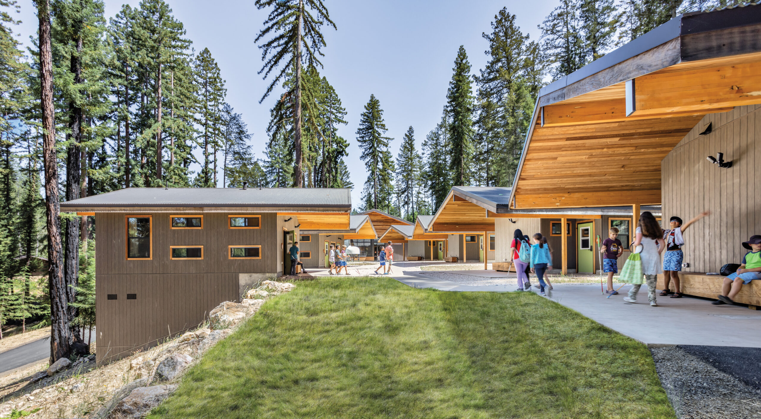 Camp for the Blind: People walk and gather near modern wooden cabins surrounded by tall pine trees on a sunny day.
