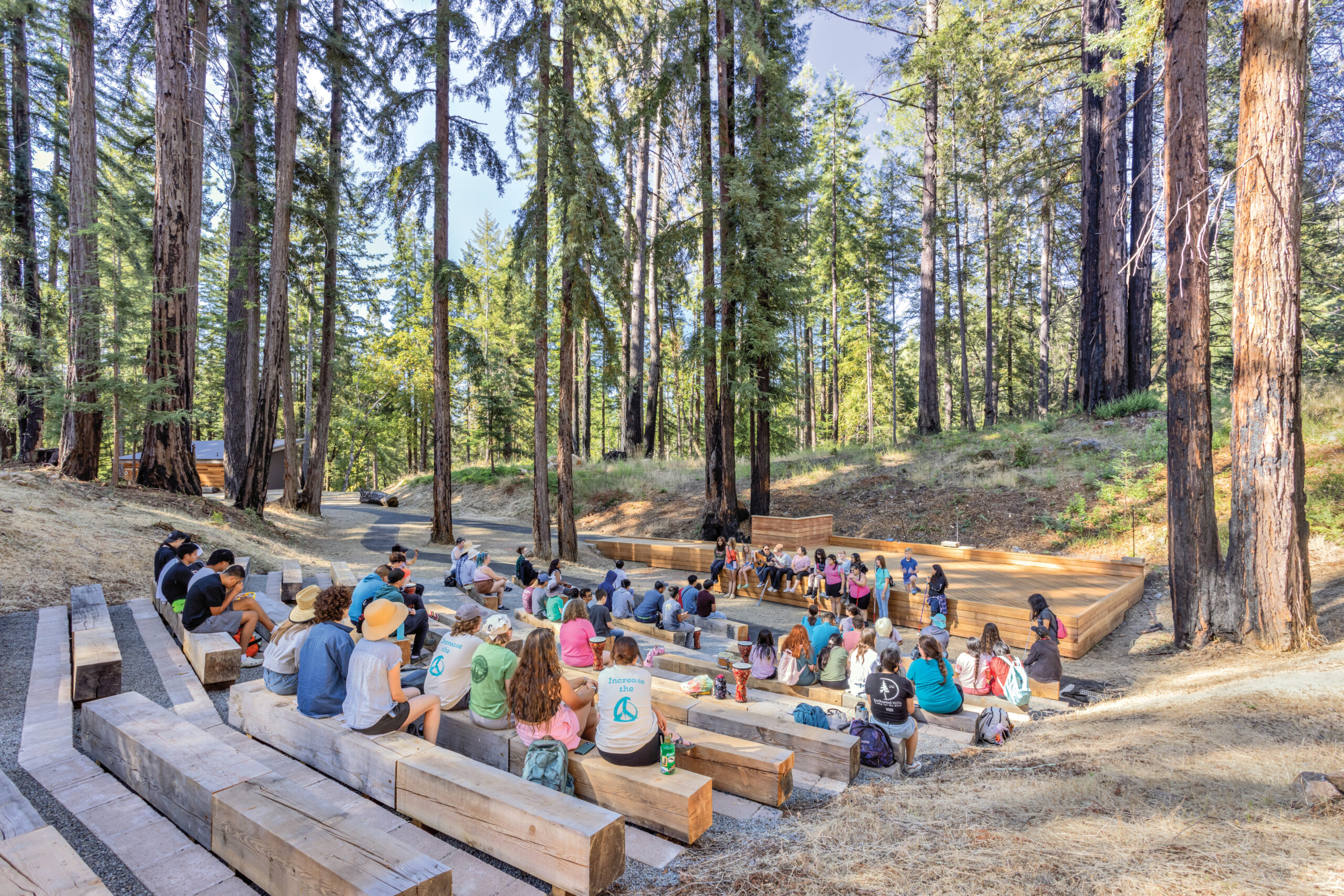 In an open grove in a forest, an outdoor amphitheatre is full of kids sitting, angled towards the stage.