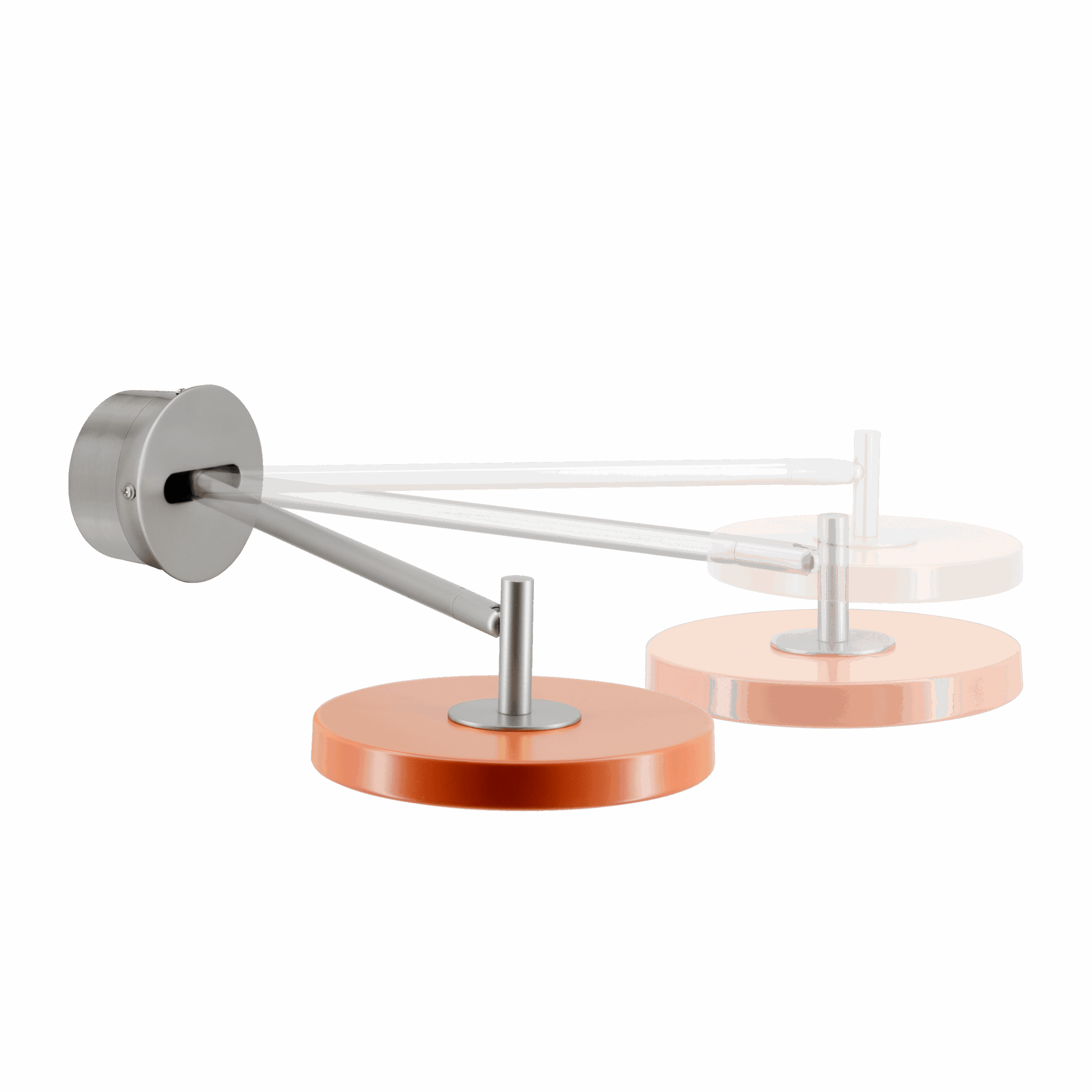 A metal wall-mounted swing arm lamp with an orange circular shade is shown in three positions, demonstrating its adjustable movement.