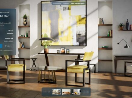 Modern living room with yellow chairs, a round table, built-in shelves, abstract art, potted plants, and sunlight streaming through large windows.