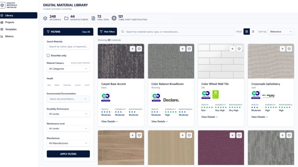 Screenshot of a digital material library interface showing filters, search bar, and a grid of material samples with names and certification icons.