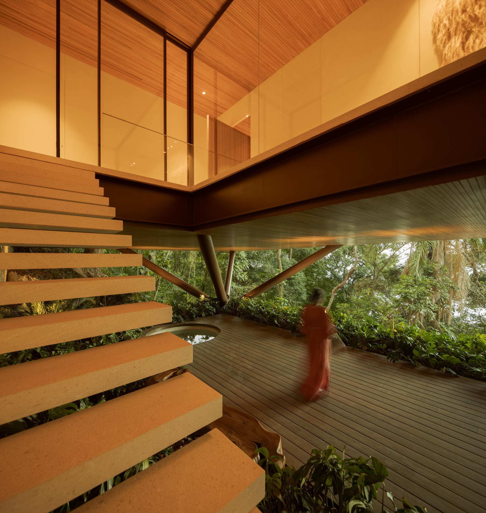 Modern open-plan interior with floating staircase, floor-to-ceiling glass walls, wooden ceiling, indoor plants, and a person in motion. Designed as a Passive House, this space maximizes natural light and energy efficiency while lush greenery is visible through the windows.