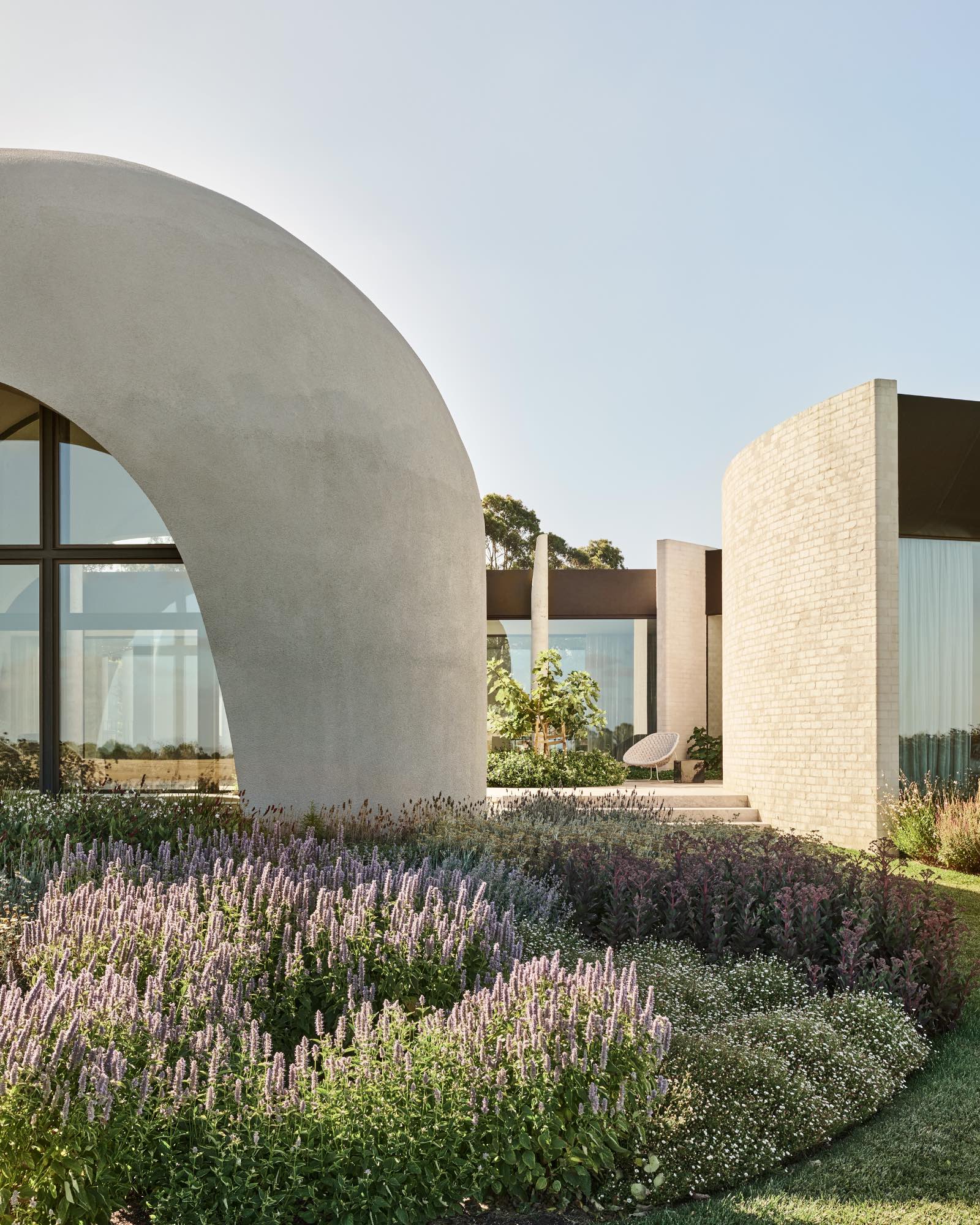 Modern house by Leeton Pointon Architects with curved, light-colored walls and large windows, surrounded by landscaped gardens with purple and green plants under a clear sky.