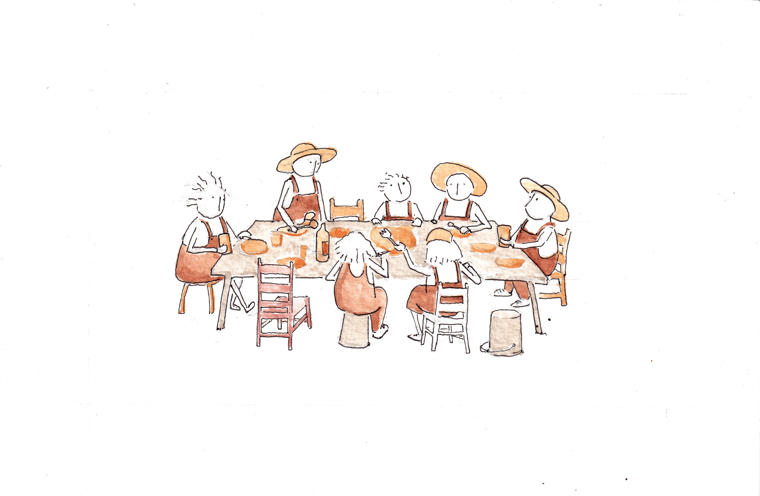 Seven people in hats and aprons sit around a table, appearing to eat or talk, with cups and plates in front of them—a scene reminiscent of the inviting gatherings found in MOS’s New Book On Public Spaces. The illustration uses simple lines and warm brown tones.
