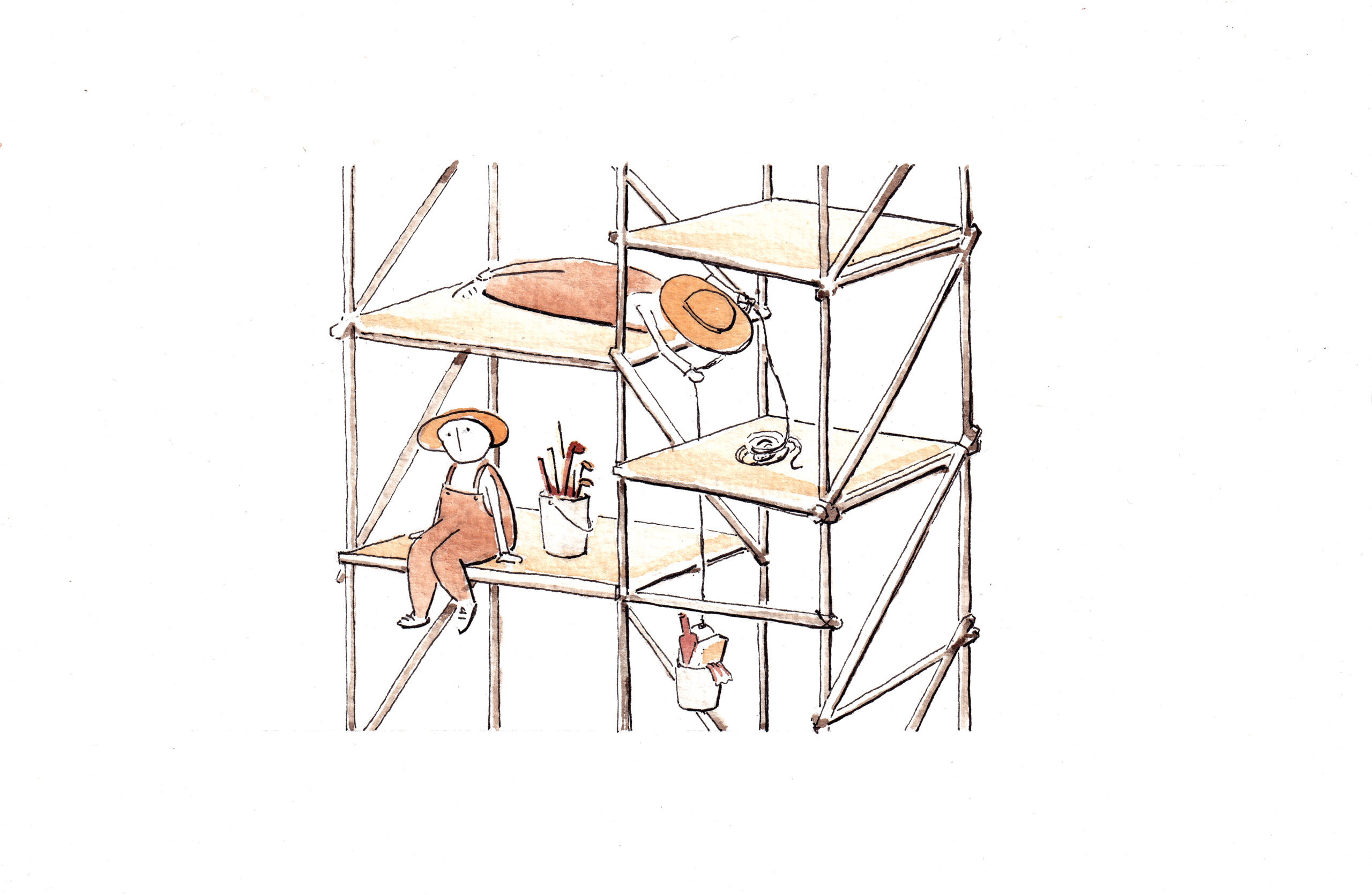 Three people on a multi-level scaffold: one lying down, one sitting with art supplies—perhaps inspired by MOS’s New Book On Public Spaces—and one climbing a ladder. A spiral object rests on the top platform.