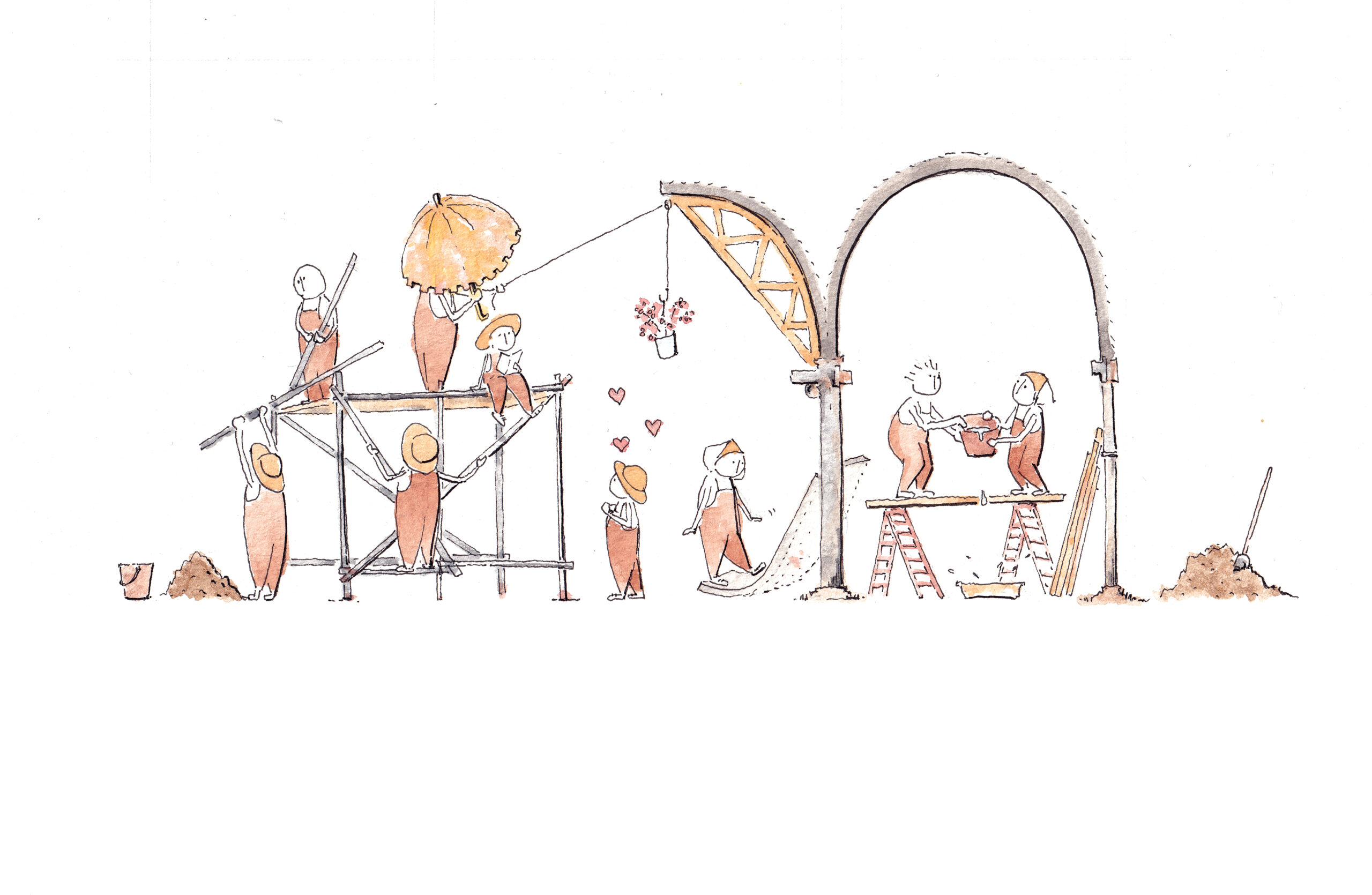 A group of people work together building an arched structure, using scaffolding and teamwork—echoing the collaborative spirit highlighted in MOS’s New Book On Public Spaces—with some passing materials and others constructing or decorating.