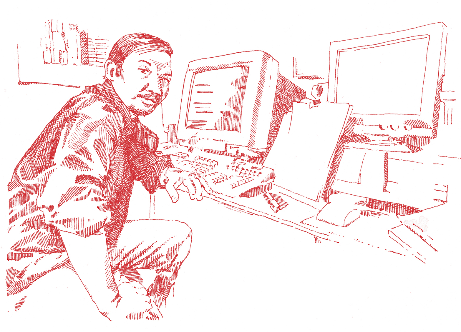 A man sits at a desk with two monitors, a keyboard, and papers—turning to look at the viewer in an office setting where a copy of MOS’s New Book On Public Spaces rests beside him.