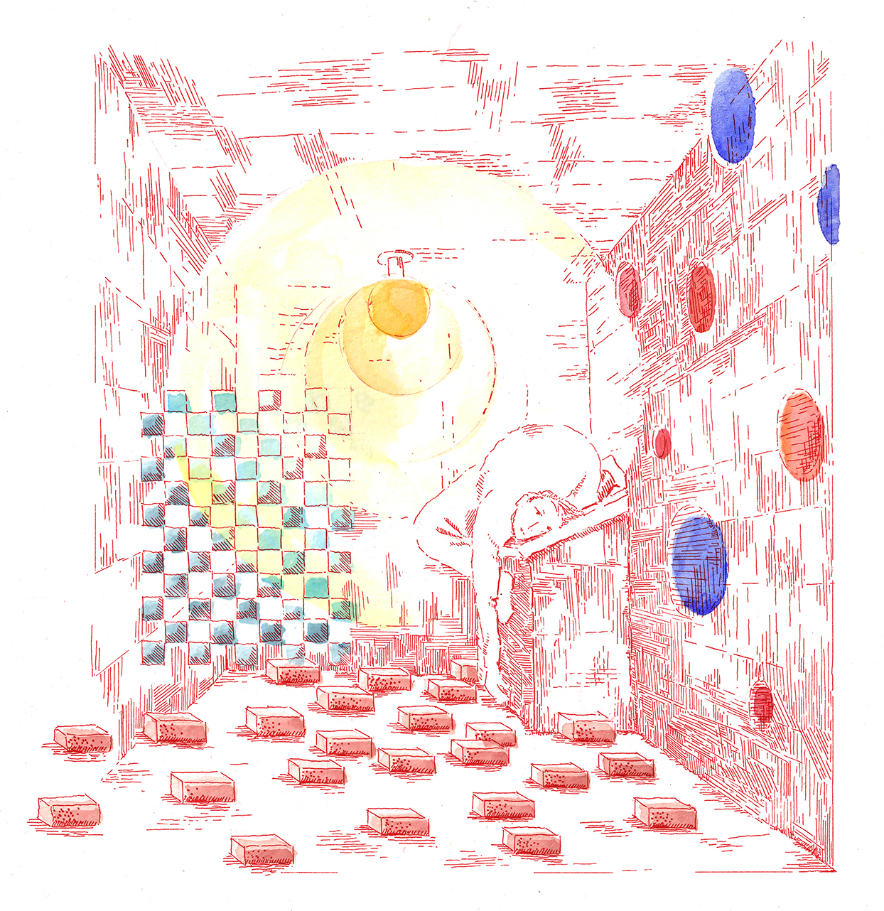 A figure bends forward in a narrow room with floating bricks, a checkered wall, circular shapes on another wall, and a yellow light fixture overhead—an evocative scene reminiscent of the inventive environments explored in MOS’s New Book On Public Spaces.