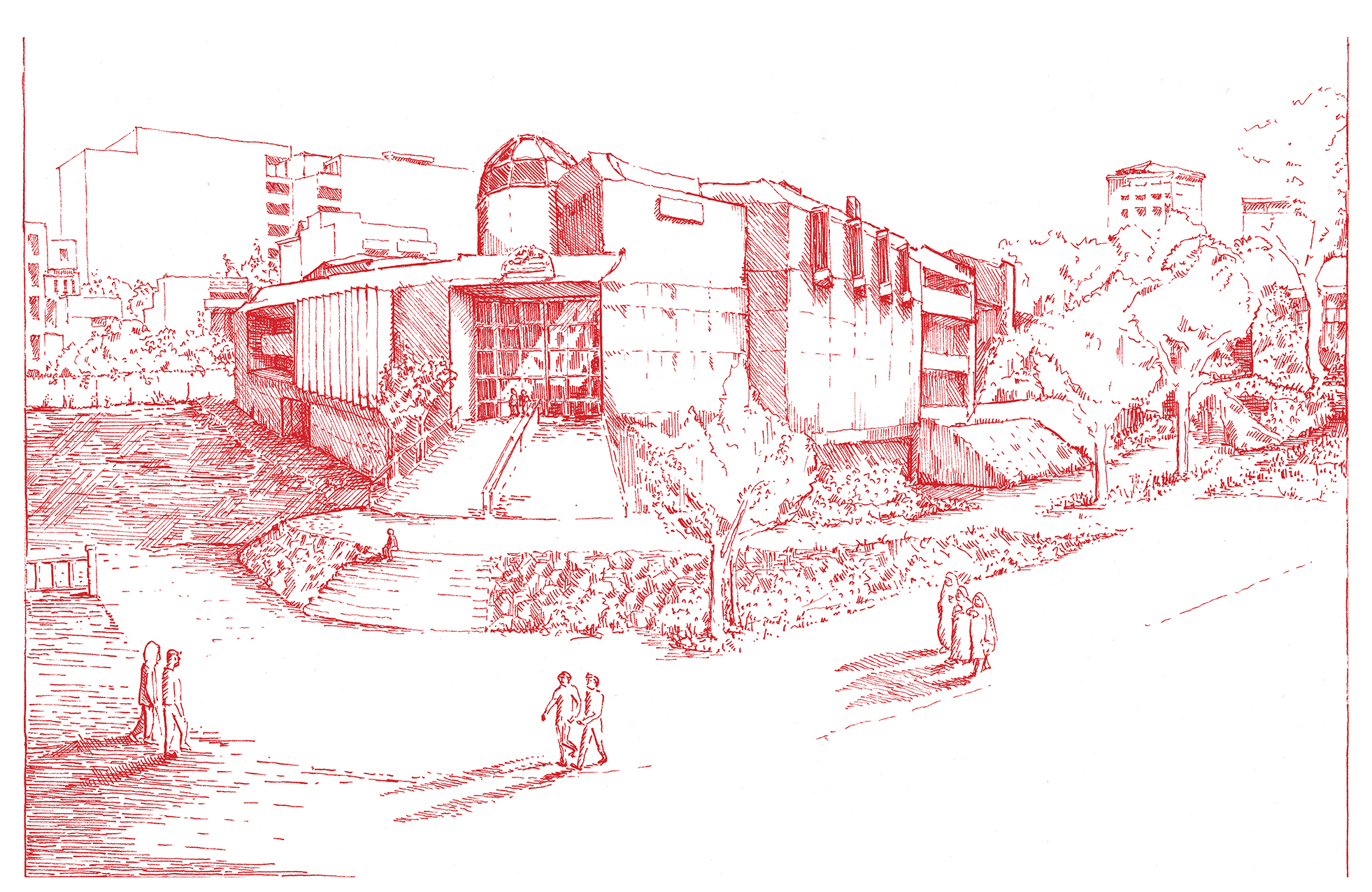 Line drawing of a modern, multi-story building with large windows, trees, and people walking on paths in the foreground and background, echoing themes explored in MOS’s New Book On Public Spaces.