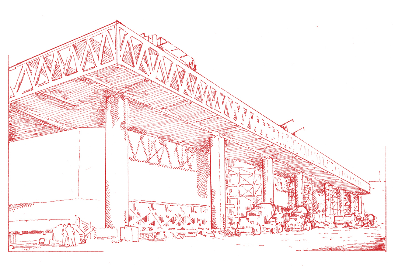Red line drawing inspired by MOS’s New Book On Public Spaces, depicting a large modern overpass or elevated structure supported by columns, with vehicles and people beneath it.