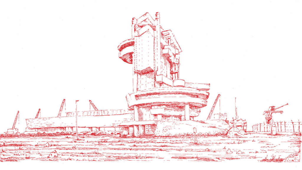 Red ink drawing of a large, abstract, multi-level concrete structure with industrial elements, set in a sparse landscape with cranes and a sculpture in the background—an evocative scene reminiscent of the imaginative environments explored in MOS’s New Book On Public Spaces.