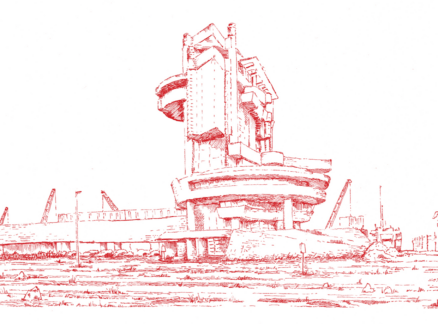 Red ink drawing of a large, abstract, multi-level concrete structure with industrial elements, set in a sparse landscape with cranes and a sculpture in the background—an evocative scene reminiscent of the imaginative environments explored in MOS’s New Book On Public Spaces.