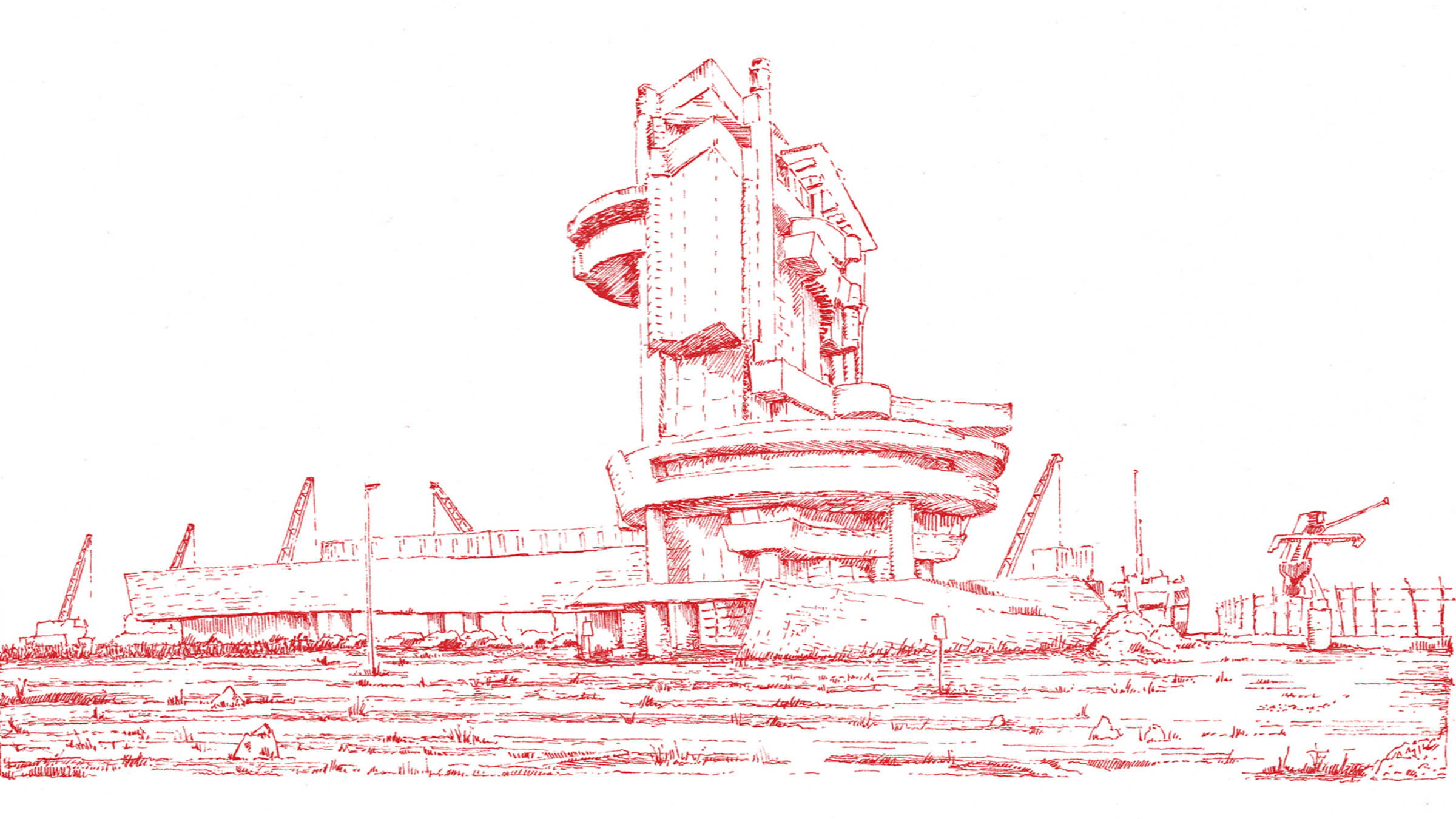 Red ink drawing of a large, abstract, multi-level concrete structure with industrial elements, set in a sparse landscape with cranes and a sculpture in the background—an evocative scene reminiscent of the imaginative environments explored in MOS’s New Book On Public Spaces.