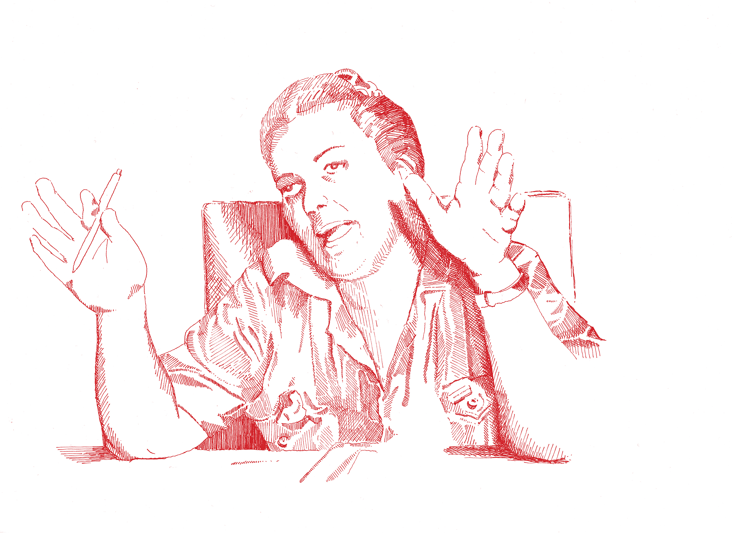 A person sitting at a table gestures with both hands raised, holding a pen in one hand, appearing to speak or explain something—perhaps passionately discussing insights from MOS’s New Book On Public Spaces.
