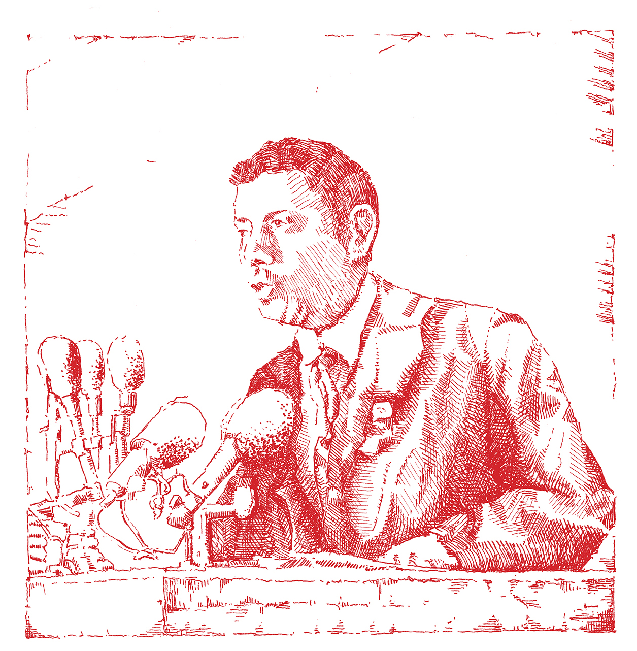A man in a suit speaks at a podium with several microphones in front of him, perhaps addressing the release of MOS’s New Book On Public Spaces. The image is rendered in a red, sketch-like style.