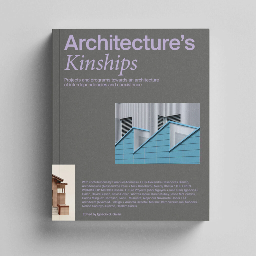 A book titled “Architecture’s Kinships,” featuring images of modern building facades that evoke themes of Antifascist Architecture on the cover, placed on a plain light surface.