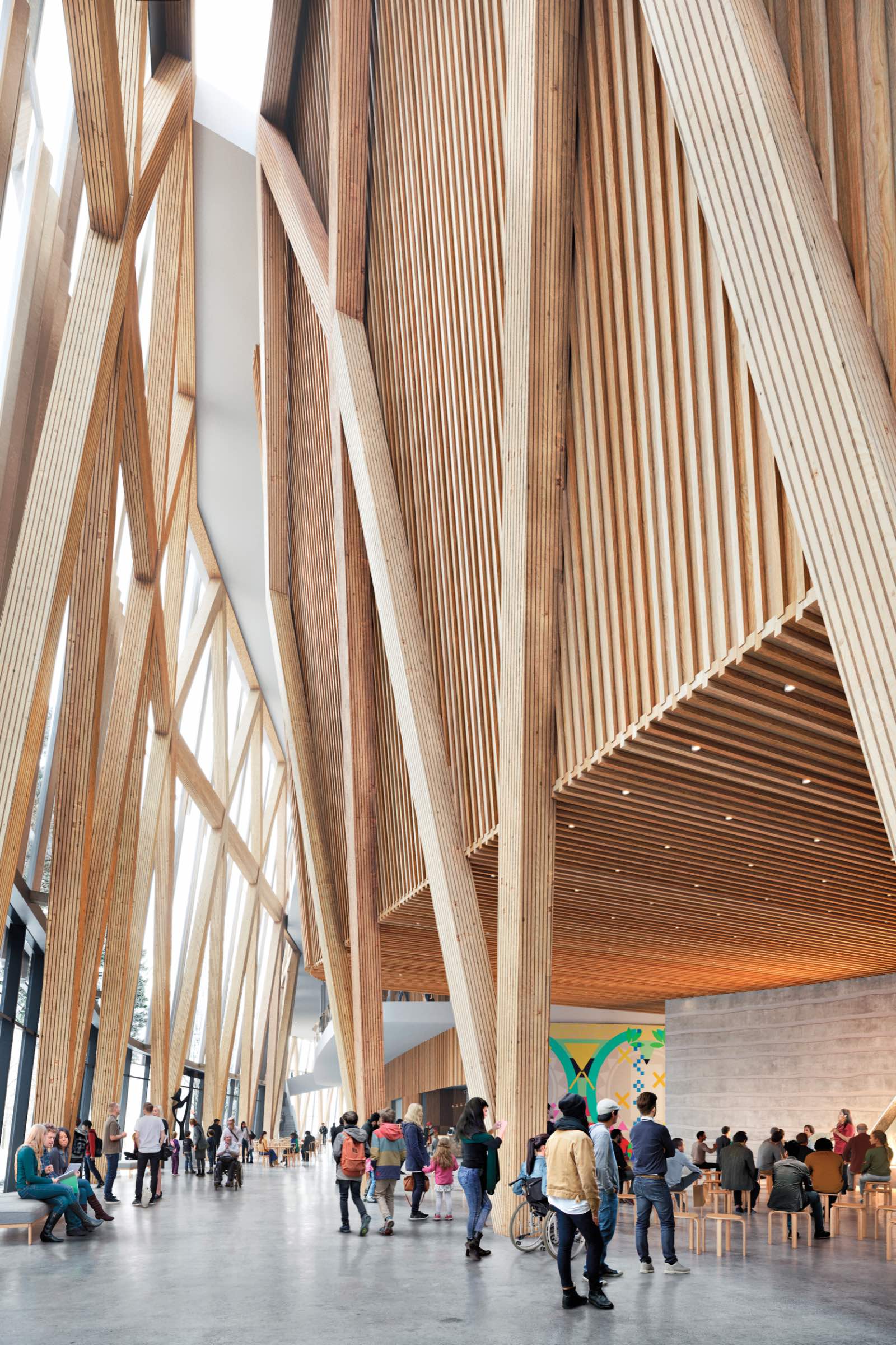 Spacious interior by Omar Gandhi with tall wooden beams, slatted ceiling, large windows, and people walking or sitting; modern architectural design with natural light and warm wood tones throughout the space.