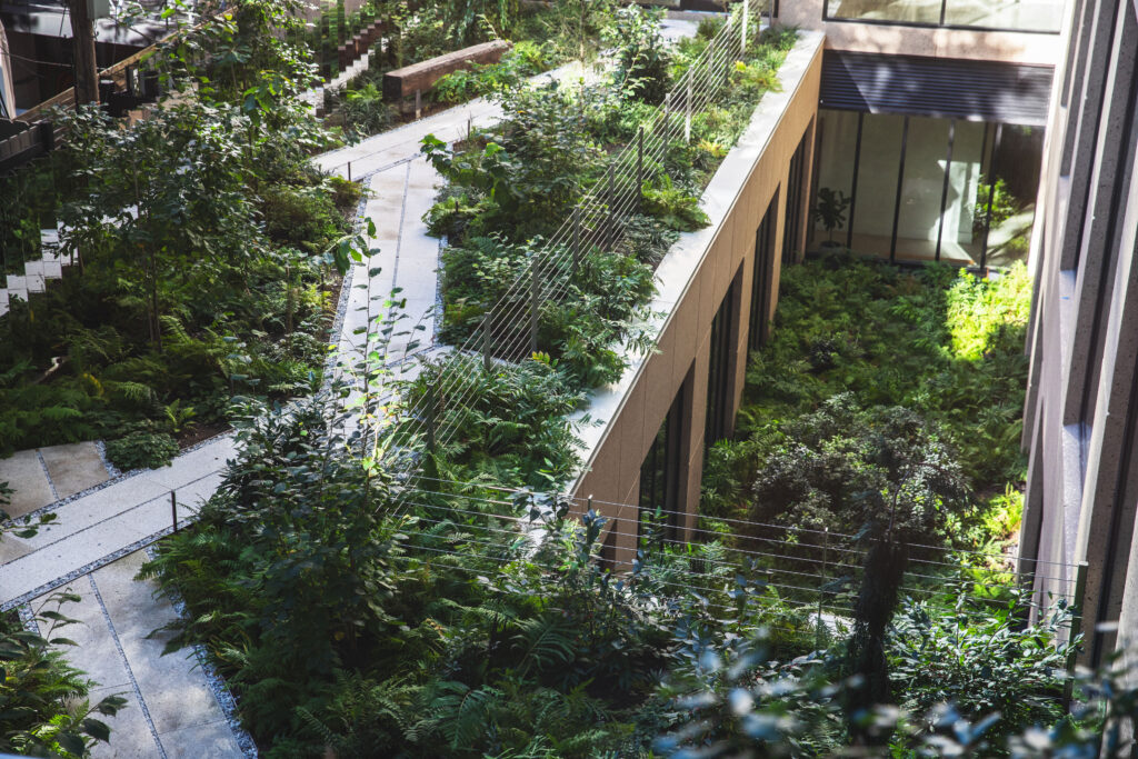 A modern building with an elevated walkway surrounded by dense greenery and plants in an open courtyard.