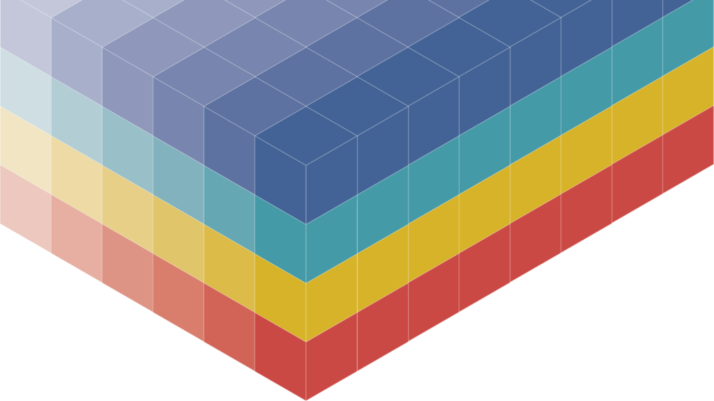 Isometric illustration of stacked colored cubes forming a diamond shape, inspired by the ASD Design Matrix, with layers in red, yellow, teal, and blue shades from bottom to top.