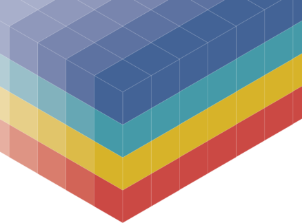 Isometric illustration of stacked colored cubes forming a diamond shape, inspired by the ASD Design Matrix, with layers in red, yellow, teal, and blue shades from bottom to top.