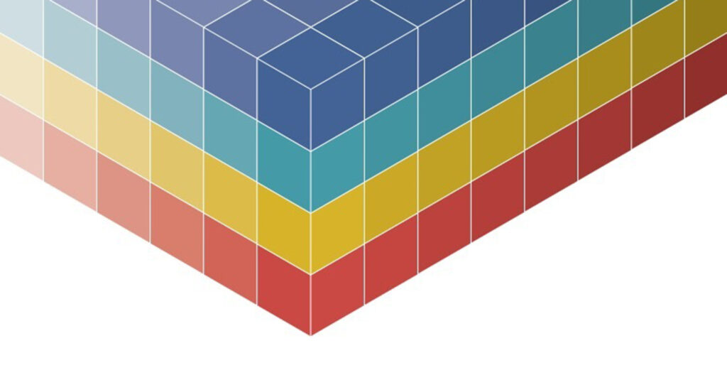 A 3D illustration of stacked cubes forming a corner, with each layer in a different color: red, yellow, teal, and blue from bottom to top.