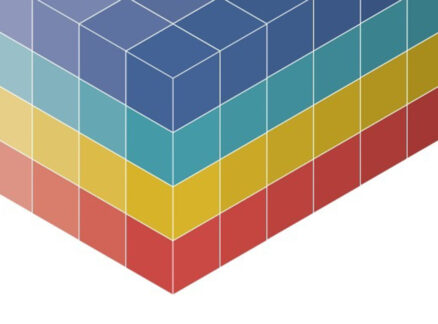 A 3D illustration of stacked cubes forming a corner, with each layer in a different color: red, yellow, teal, and blue from bottom to top.