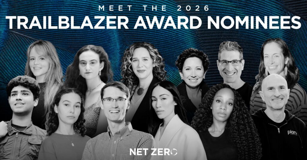Group photo of thirteen diverse people in black and white with the text “Meet the 2026 Trailblazer Award Nominees” and “Net Zero” on a blue patterned background, celebrating the inspiring finalists of this year’s Trailblazer Awards.