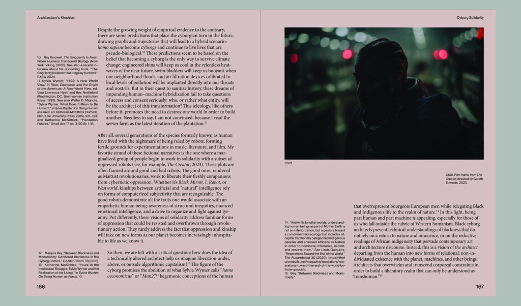 A two-page book spread with text on the left page and a dark, blurred portrait of a person in an urban night setting—subtly illuminated by the stark lines and forms characteristic of antifascist architecture—on the right page.