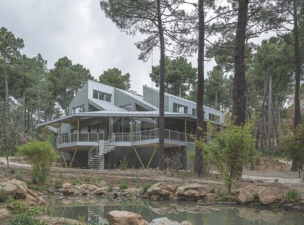 Modern two-story house with angular roof and large windows, elevated on stilts, surrounded by trees and plants, with a small pond in the foreground—an embodiment of Antifascist Architecture that emphasizes openness, harmony with nature, and rejection of oppressive designs.