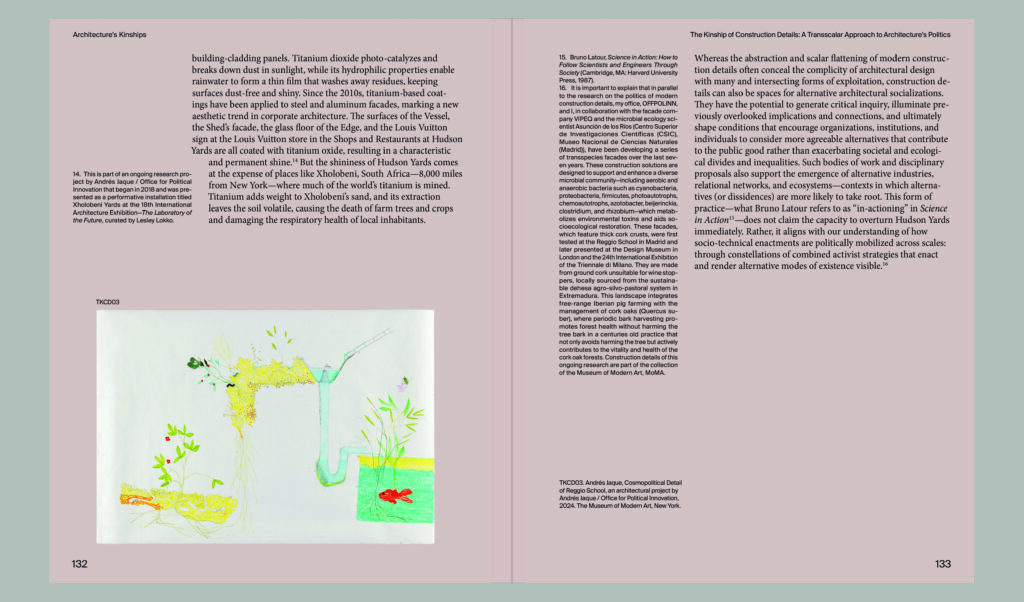 Two facing book pages feature text and a small colorful illustration of plants and a fish in water on the left page. Subtle design elements evoke principles of antifascist architecture, emphasizing openness and harmony with nature. Page numbers 132 and 133 appear at the bottom corners.