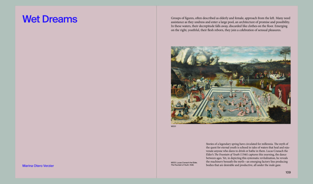 Two-page spread with “Wet Dreams” in blue on a pink background, descriptive text, and a painting depicting people swimming and socializing in a large outdoor pool framed by striking examples of antifascist architecture.
