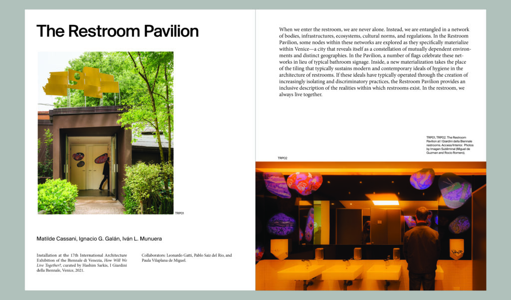 A yellow restroom sign hangs above a door; adjacent to it, a modern interior that reflects principles of antifascist architecture features glowing screens and people seated at tables.
