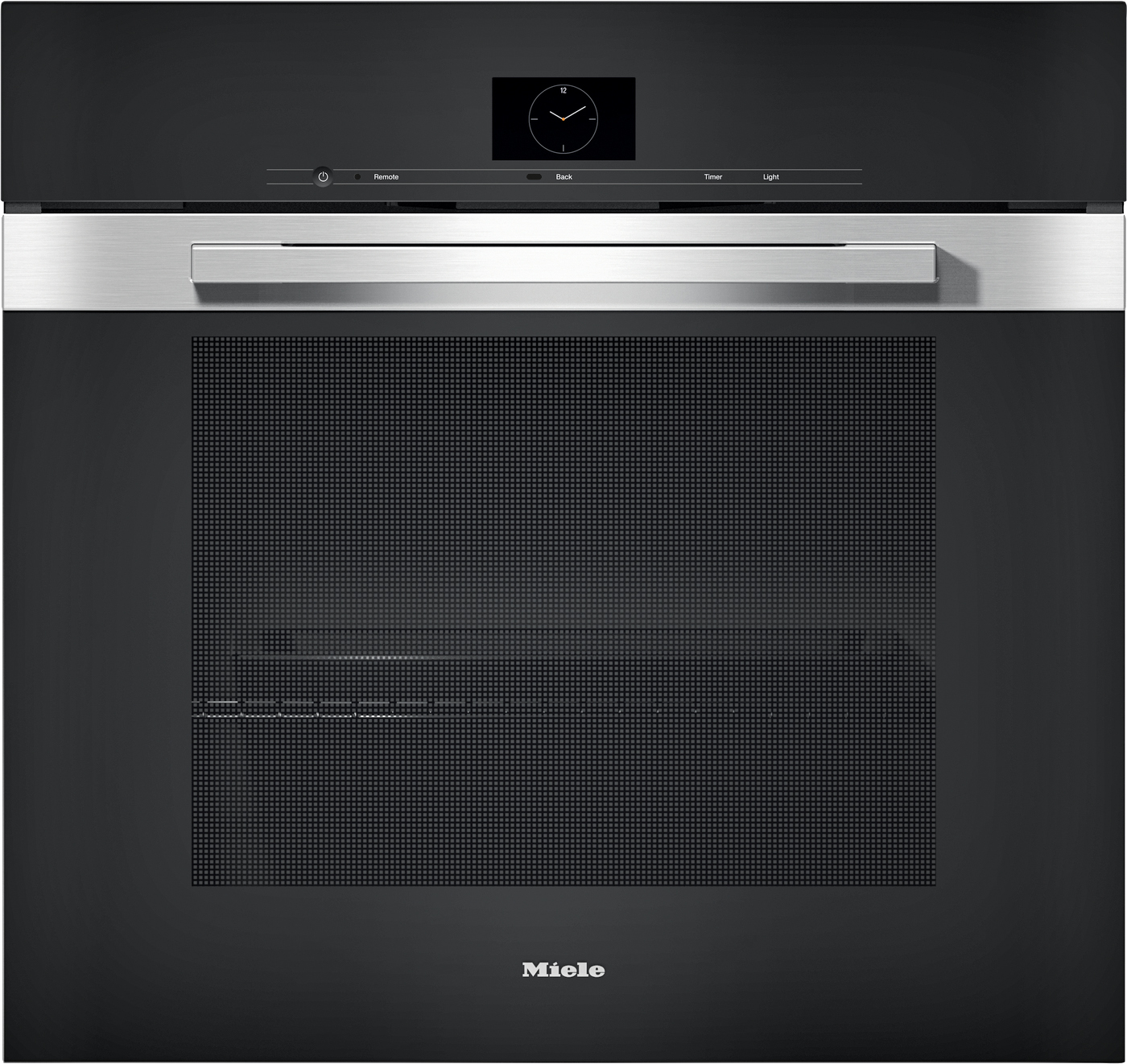 A modern built-in black Miele oven with a stainless steel handle, digital display, and large glass door, seen from the front.