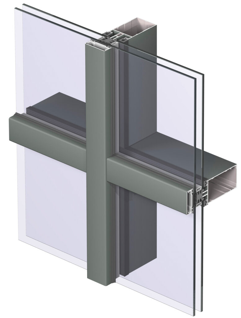 A close-up rendering of a glass curtain wall system, showing two intersecting metal mullions and double-pane glass panels.