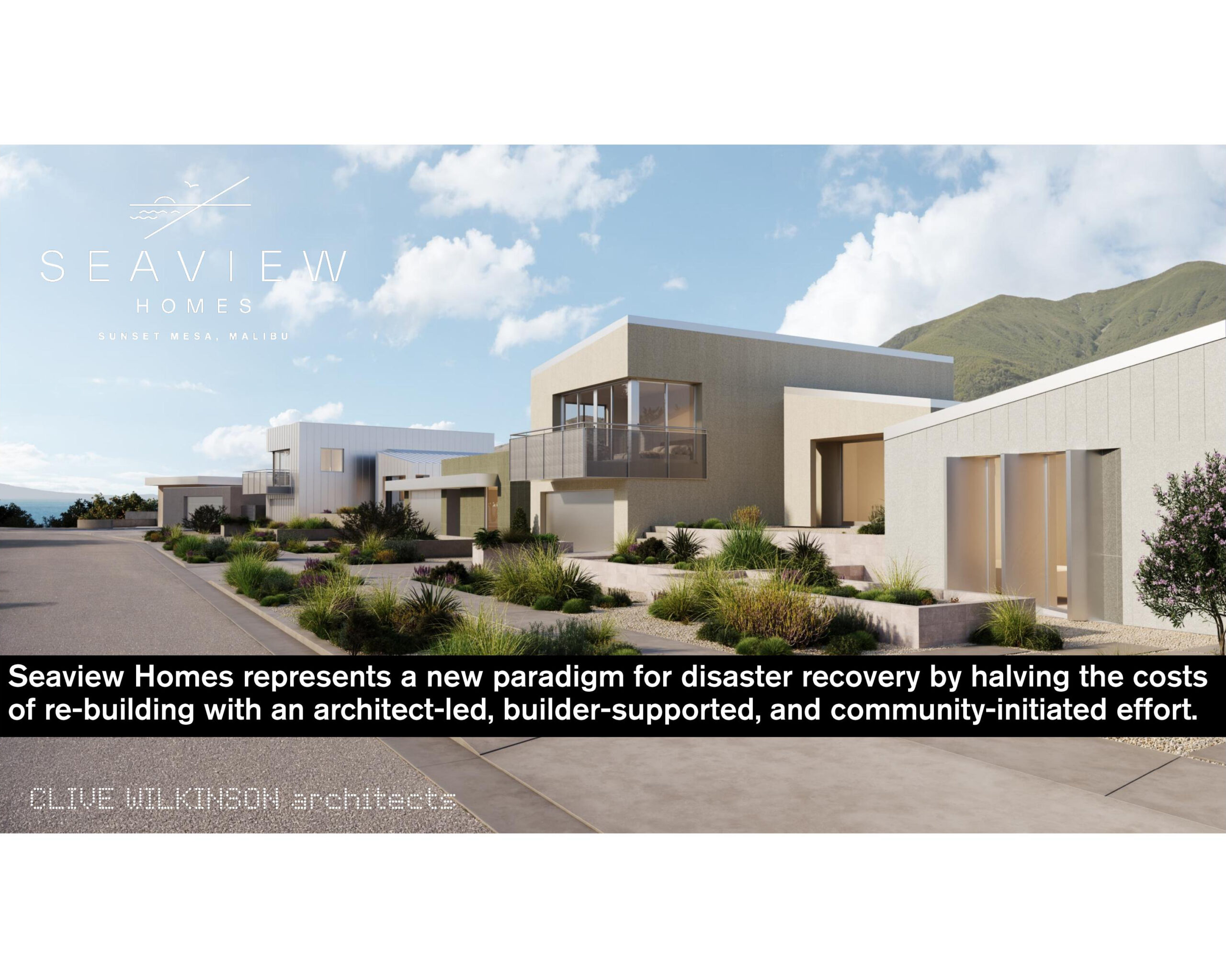 Modern coastal homes with minimalist design line a sunny street; text explains architect-led, builder-supported, and community-initiated disaster recovery efforts to reduce rebuilding costs.