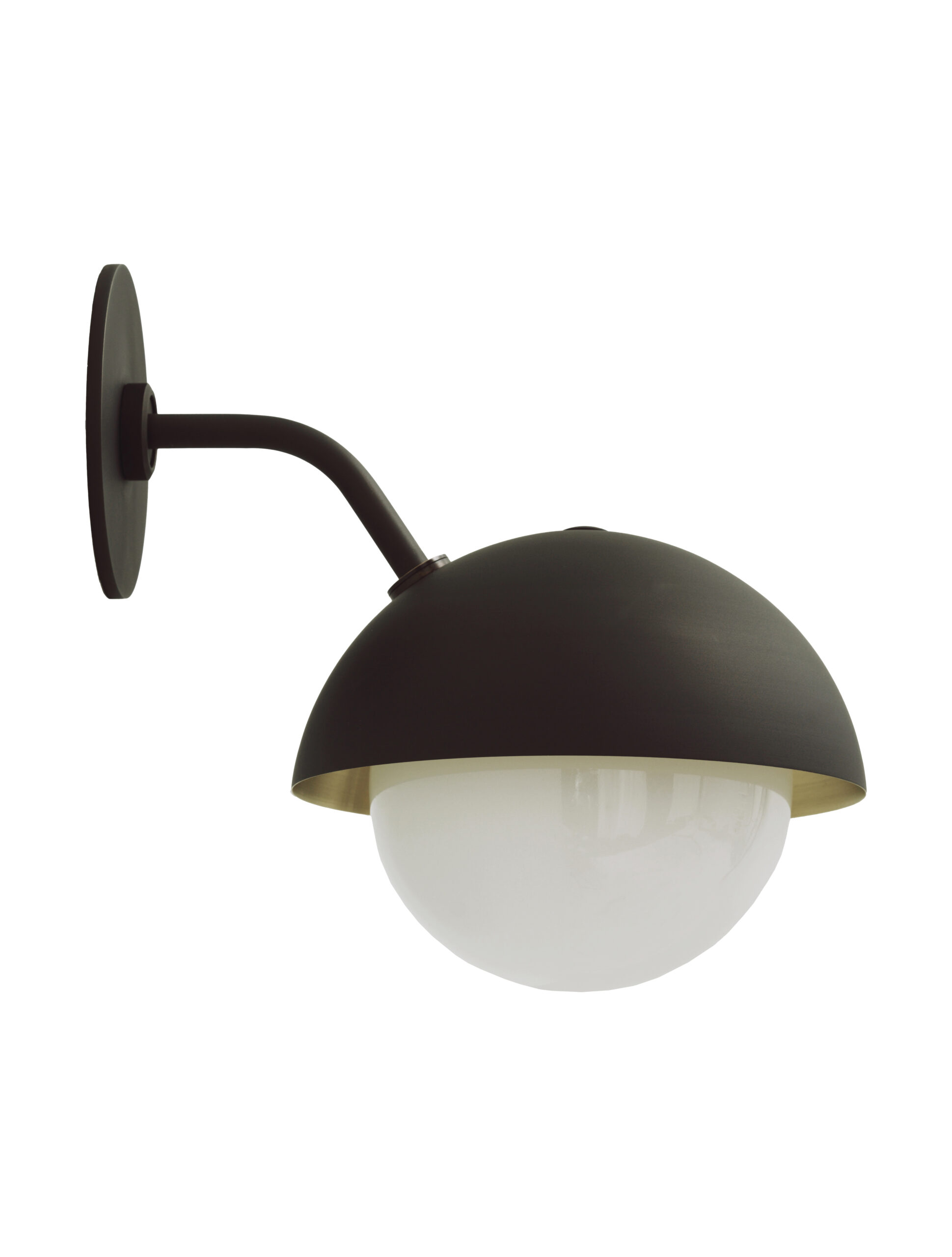Modern wall-mounted light fixture with a black metal arm and dome-shaped shade, covering a frosted glass globe, photographed against a plain white background.