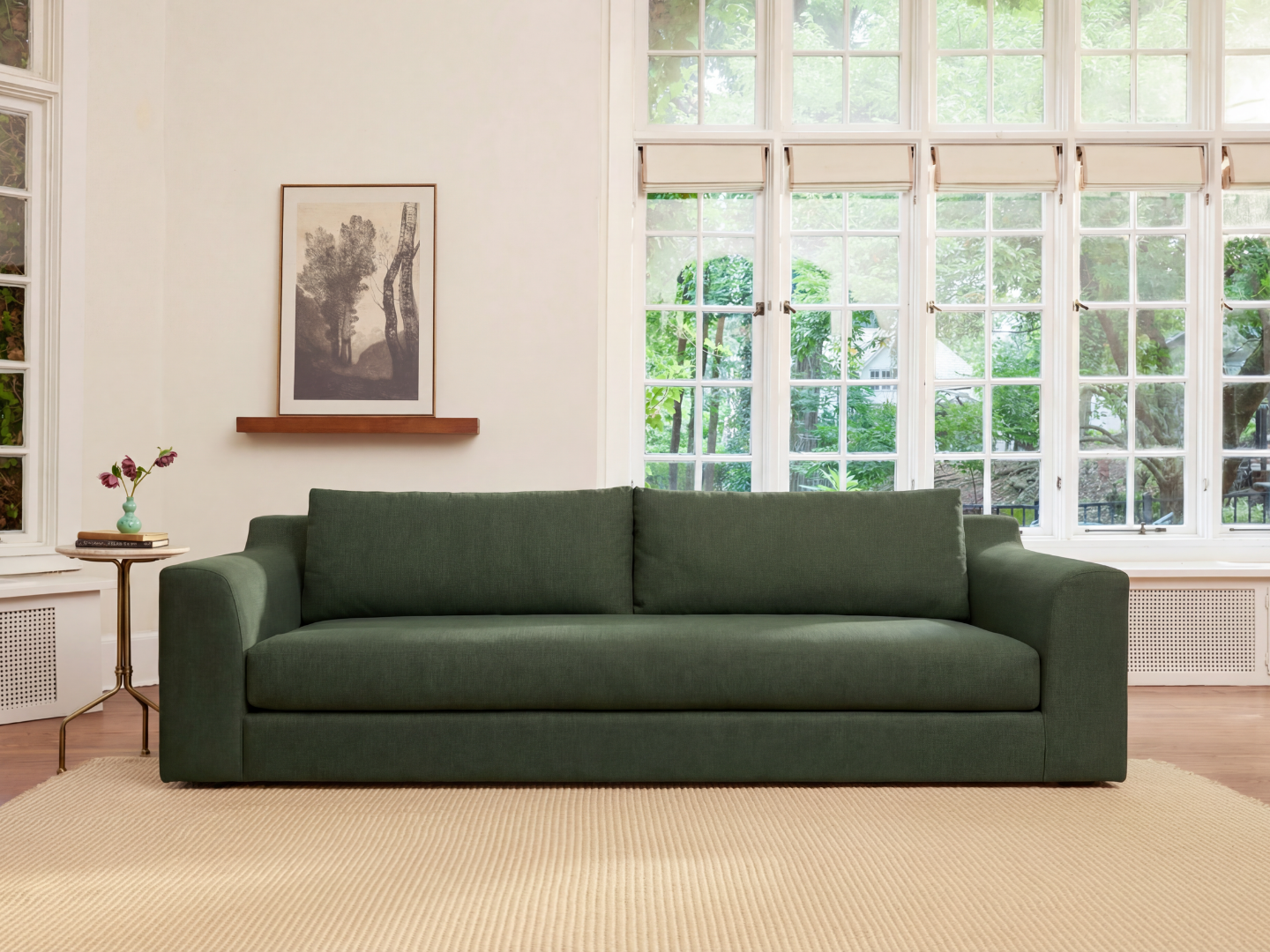 A green sofa sits on a beige rug in front of large windows. A small side table with a vase of flowers and a framed picture on a wall shelf are visible.
